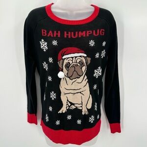 Ugly Christmas Sweater Womens S Small "BAH HUMPUG"  Holiday Dog Funny Party Top